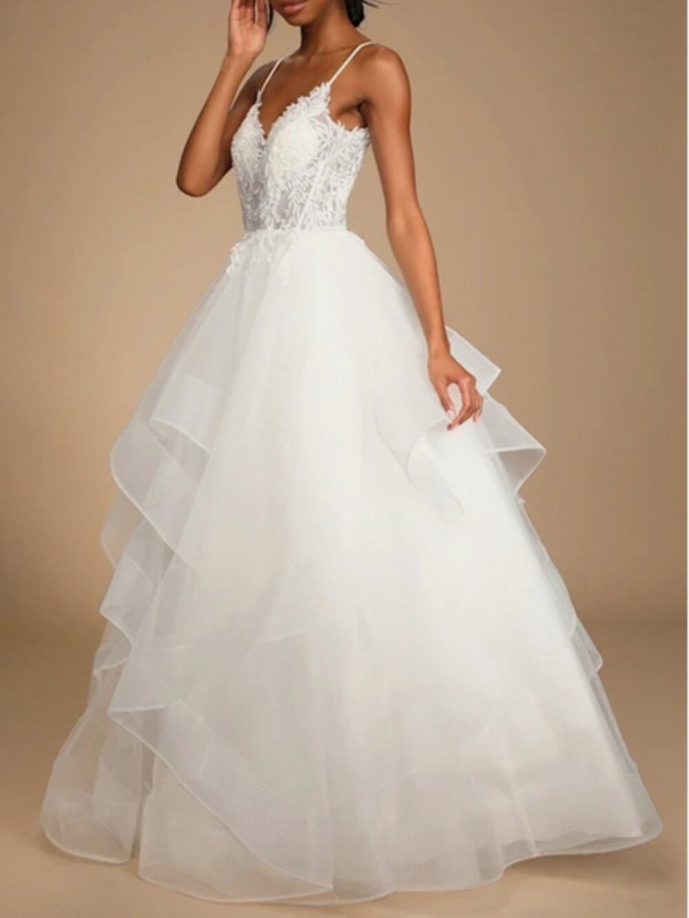 Lulu's White Lace Bodice Organza Ball Gown Wedding Dress - Picture 4 of 16